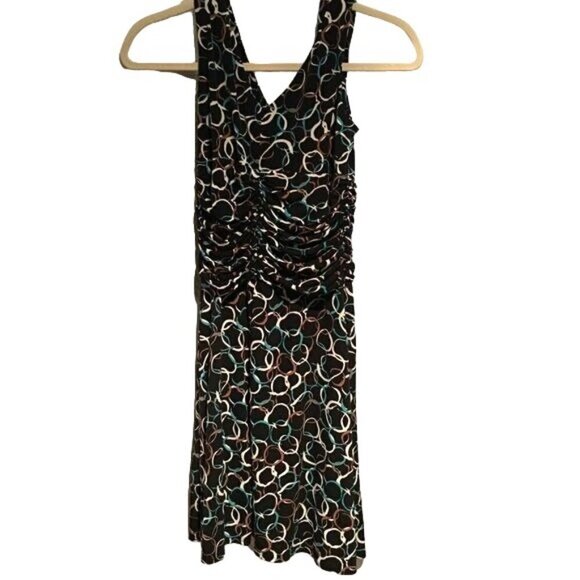 Maggy Boutique Fit & Flare Dress Black Multicolored Pleated Waist V-Neck Sleevel - Picture 3 of 6